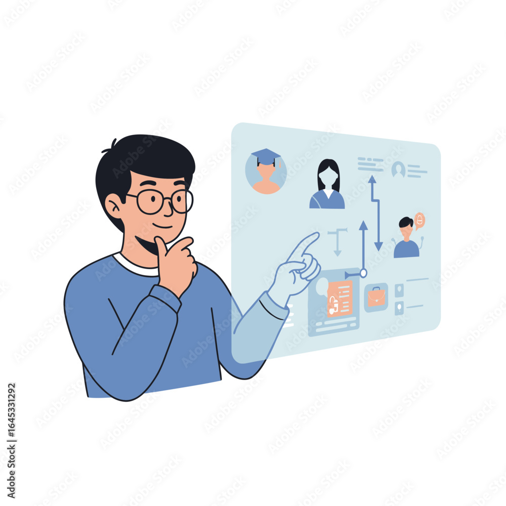 Poster man analyzing a chart: a person, immersed in a scene of digital interface, deeply contemplates the d