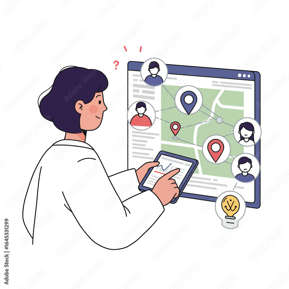 Poster navigating digital connections: a graphic showcasing a person engaged with interactive elements symb