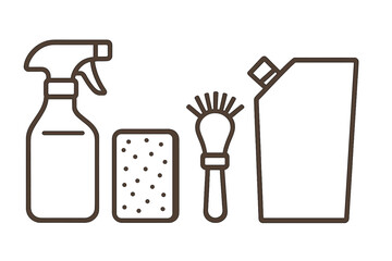 Cleaning supplies arranged on a neutral background showing spray bottle, sponge, brush, and large container