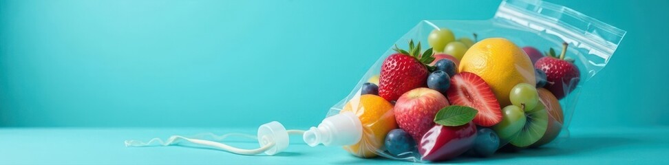 Intravenous bag overflowing with fresh fruit, blue backdrop, vitamin, aesthetic