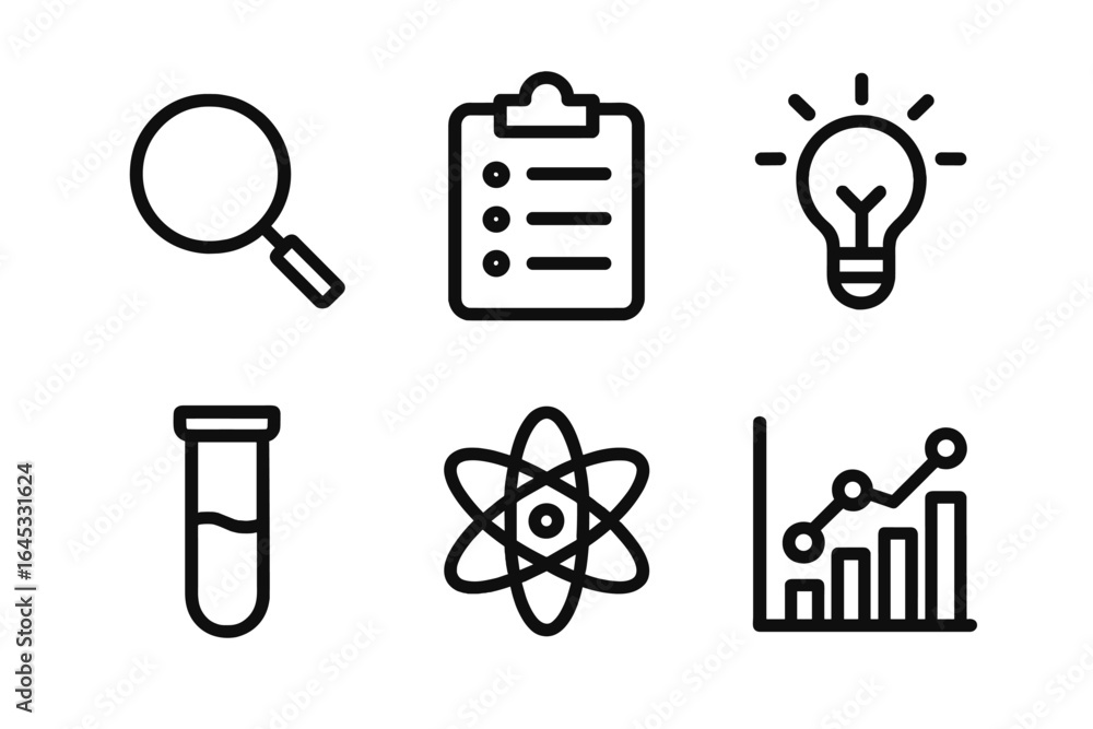 Poster exploring scientific concepts with icons representing research, ideas, experiments, and data analysi
