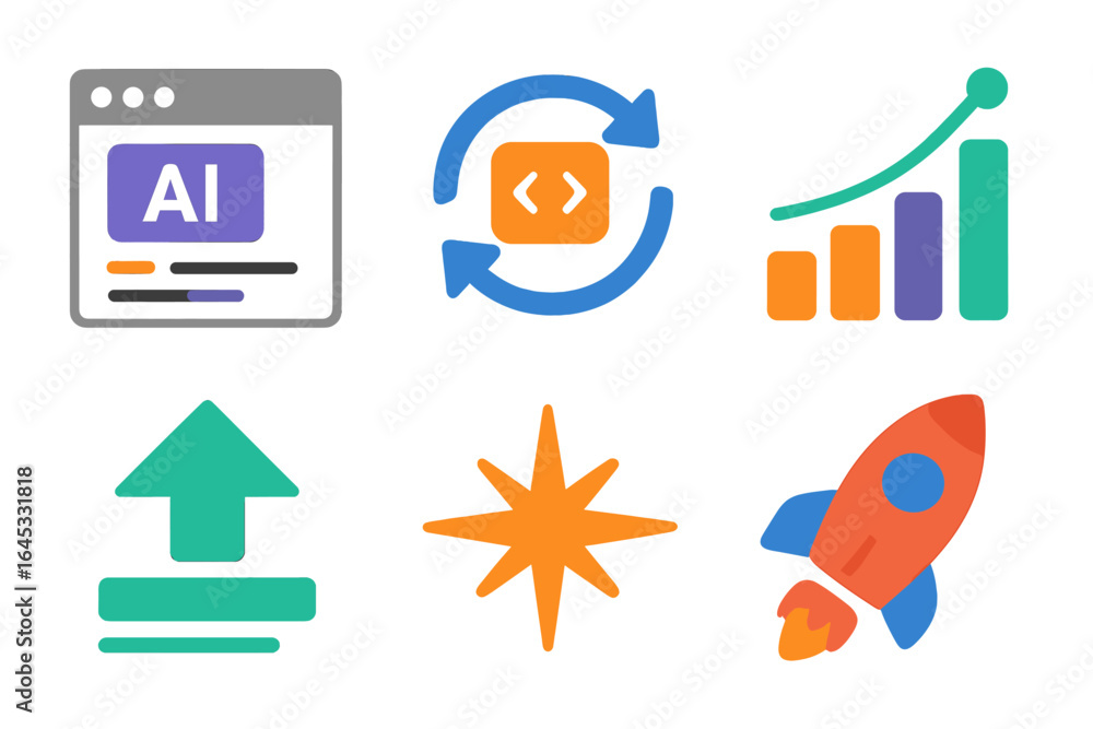Poster vector icons representing concepts of artificial intelligence, data flow, growth, and rocket launch