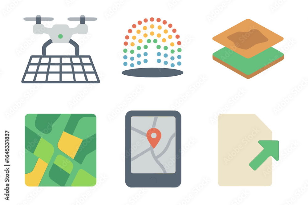 Poster innovative technology icons representing drone mapping, data visualization, and geographic informati