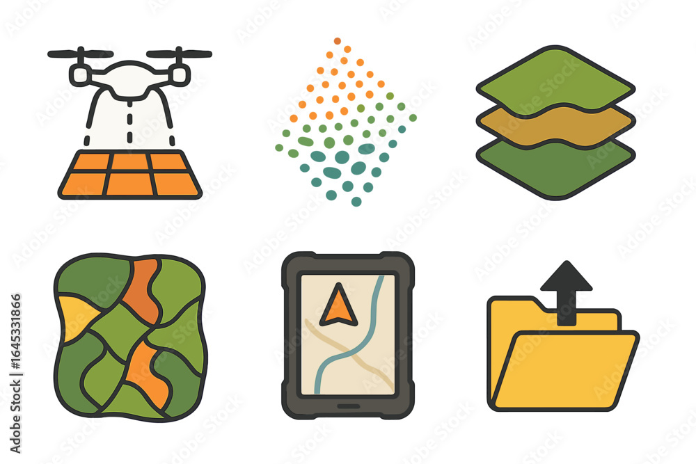 Poster modern technology in agriculture and mapping includes drones, data visualization, and terrain analys