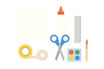Craft supplies arranged on white background for creative projects at home or school