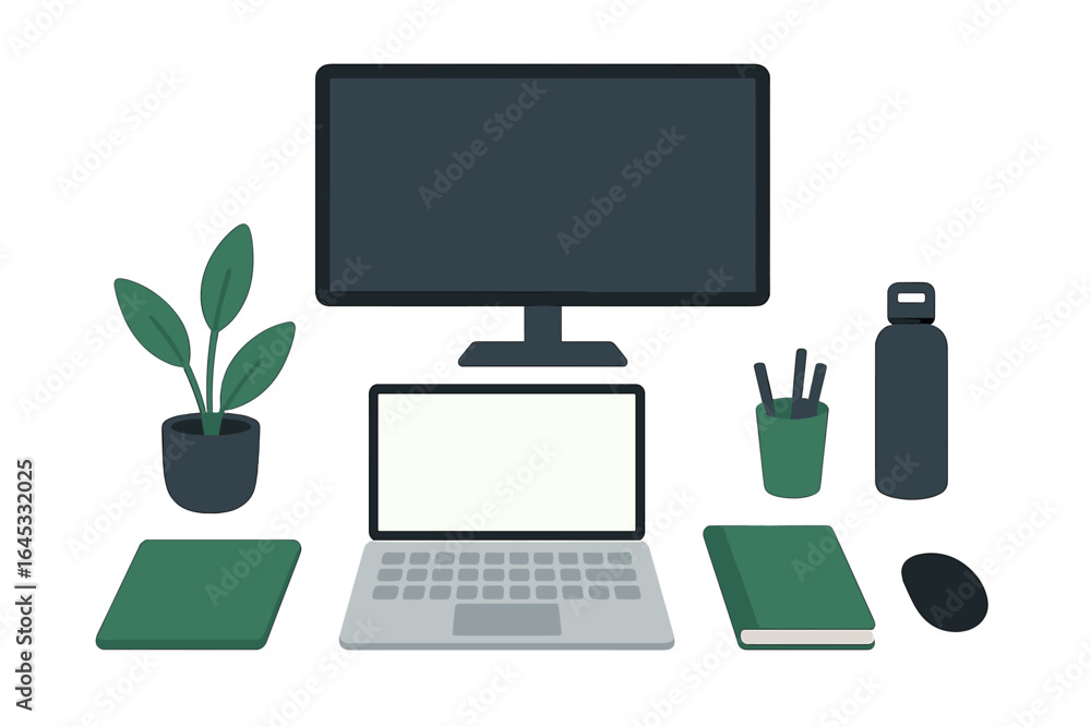 Poster modern workspace setup with computer, plants, and stationery in a clean environment
