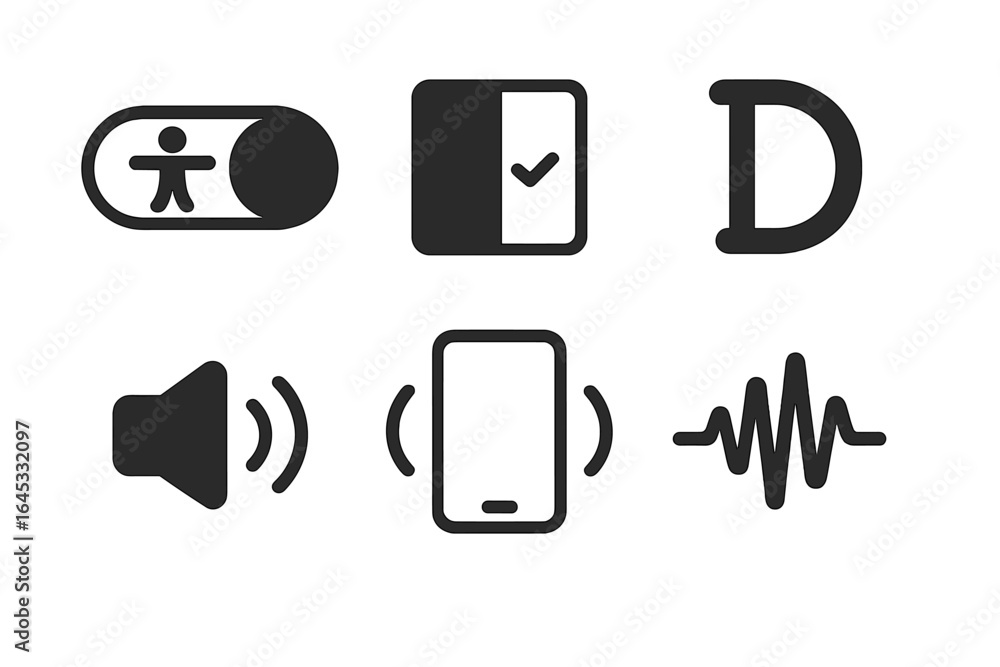 Poster various icons depicting user interface elements, including toggles, check marks, and sound controls 