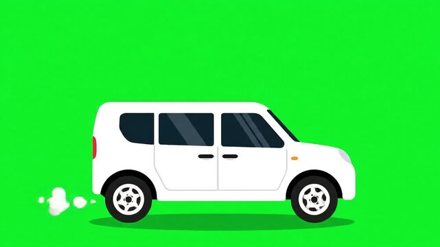 White cargo van stationary animation with spinning wheels and exhaust smoke on green screen background