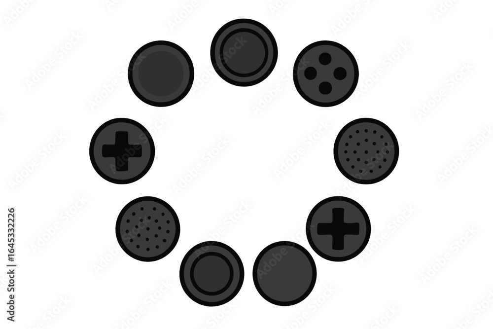 Poster unique collection of circular black shapes arranged in a symmetrical pattern on a white background