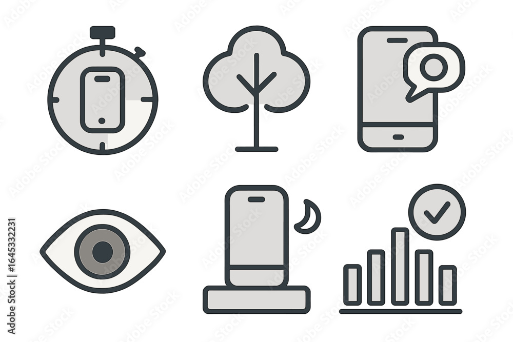 Poster digital icons representing time management, communication, and analytics in a modern workspace envir