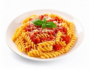 Plate of pasta with tomato sauce and basil