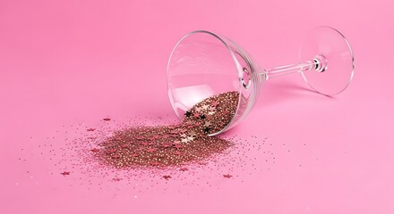 Festive celebration with spilled glitter and wine glass on pink background concept for new year or party decorations celebration with rose gold