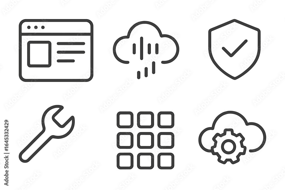 Poster cloud computing symbols illustrating digital maintenance and security concepts in a modern workspace
