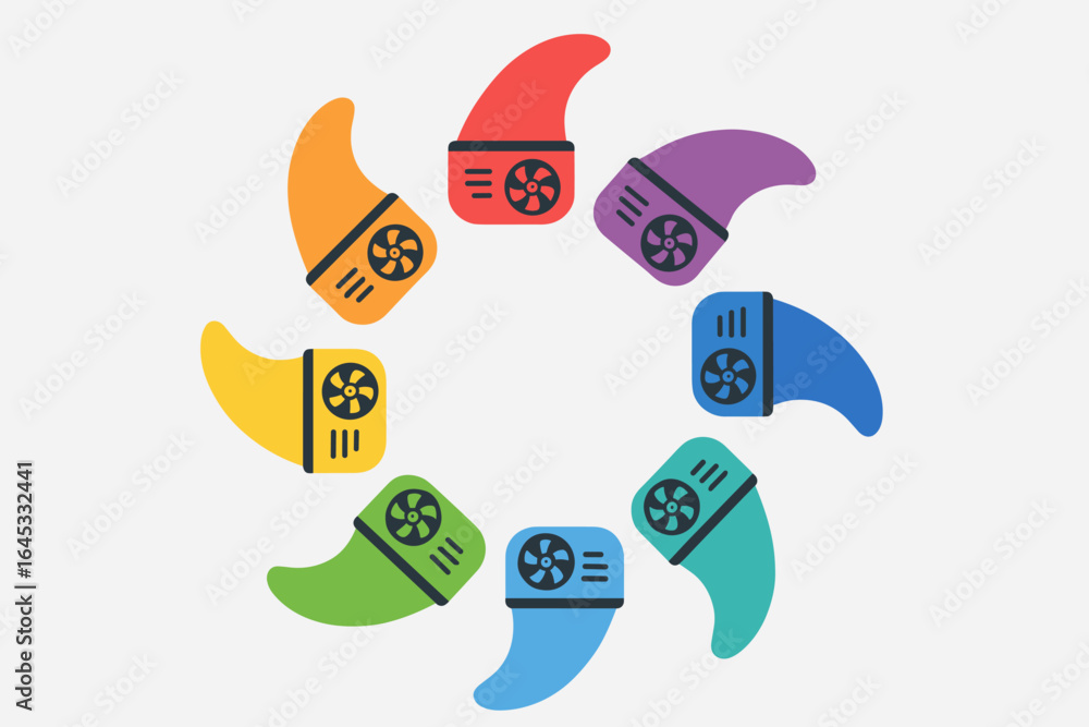 Poster colorful spinning fan icons arranged in a circular pattern creating a dynamic visual effect