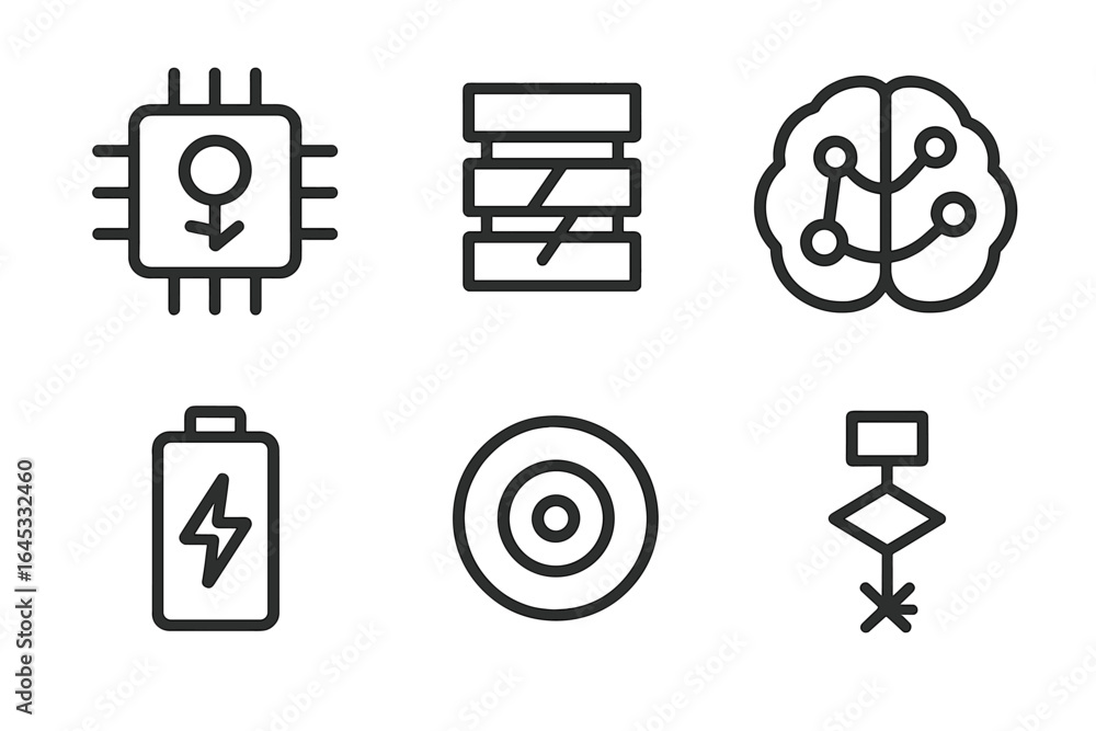 Poster symbols representing technology, artificial intelligence, and energy concepts in a minimalistic desi