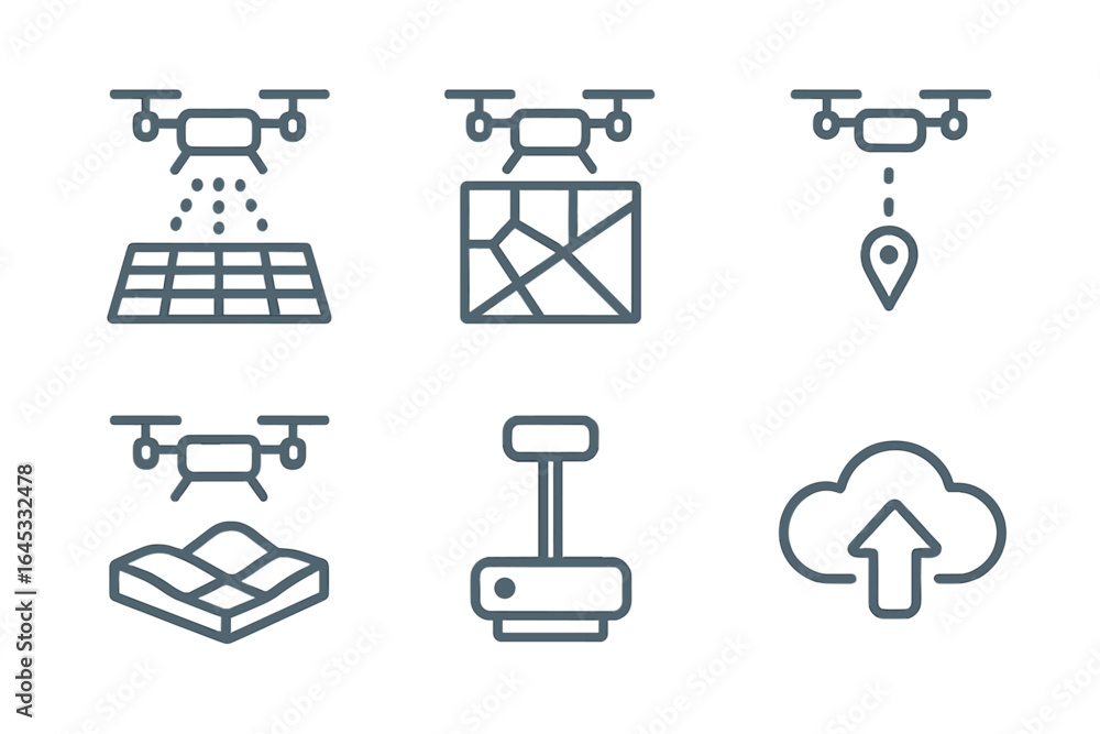 Poster various drone icons representing different functions such as mapping, monitoring, and delivery in a 