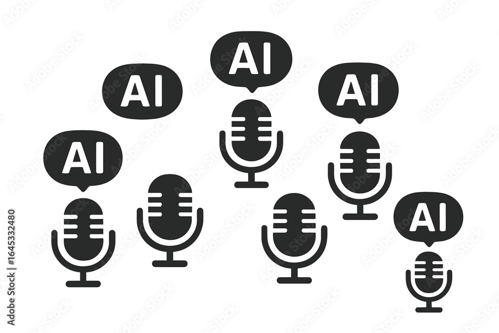 Poster ai microphones and speech bubbles illustrate modern technology's impact on communication and creativ