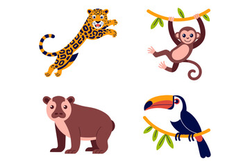Jungle animal icons, leopard monkey bear toucan vector, rainforest wildlife illustration, cute character clipart, nature learning elements