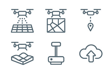 Various drone icons representing different functions such as mapping, monitoring, and delivery in a tech illustration