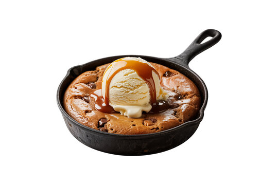 A warm chocolate chip skillet cookie topped with vanilla ice cream and caramel sauce isolated on transparent background - Powered by Adobe