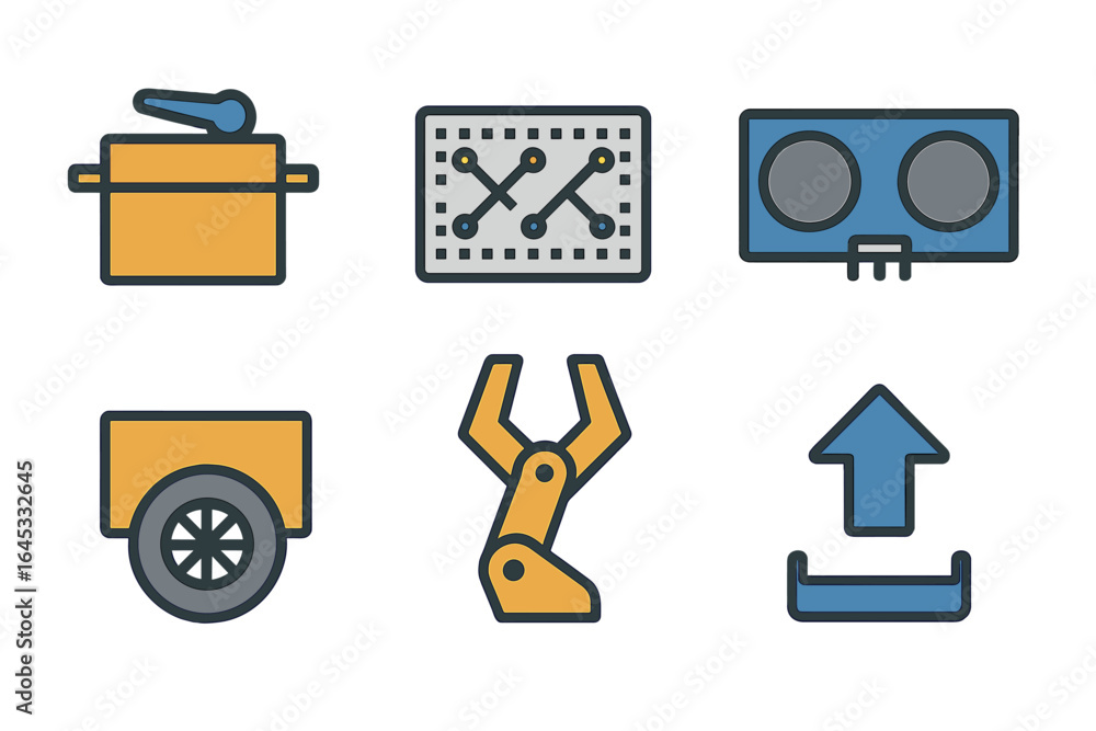 Poster icons representing technology, robotics, and engineering concepts in a modern design style