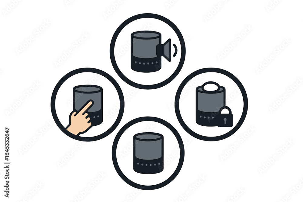 Poster user interacting with smart speaker features in a modern home during daytime