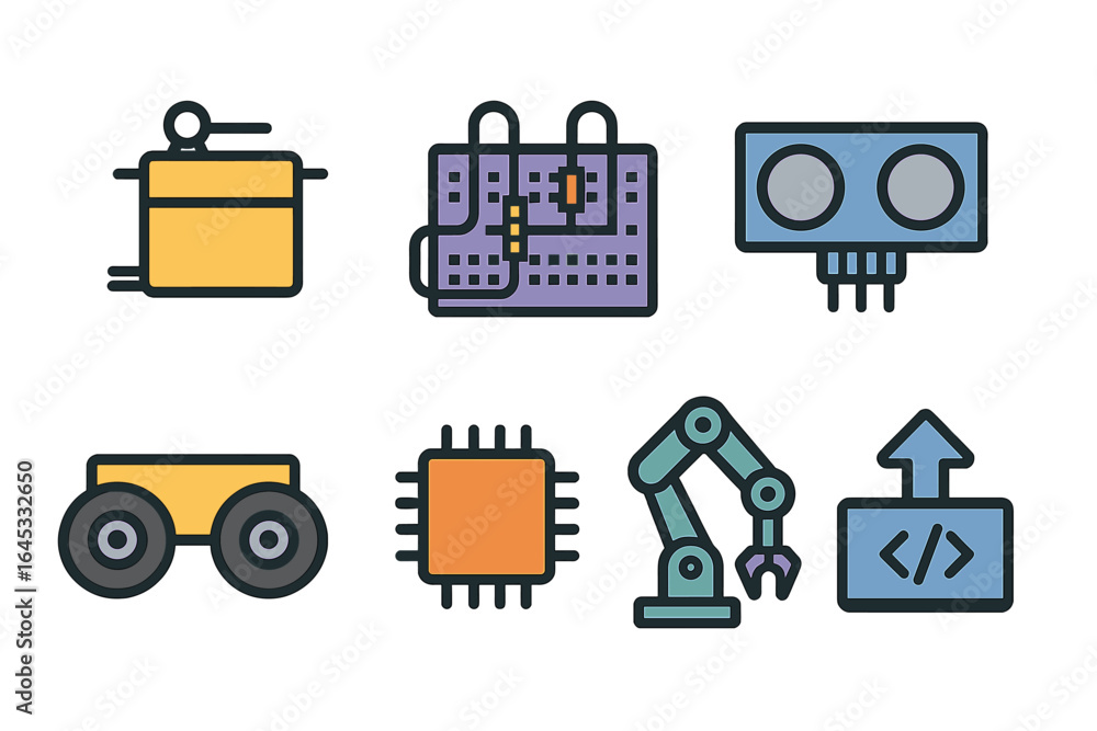 Fototapete colorful icons representing robotics and electronics concepts in a modern design style suitable for 