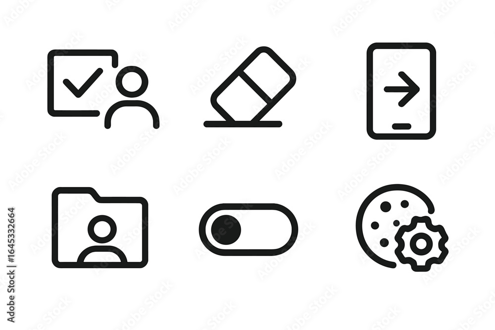 Poster simple black line icons representing various digital activities and tasks in a modern workspace sett