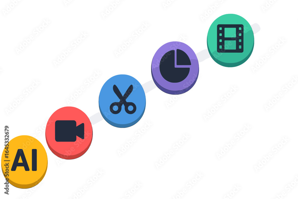 Poster various icons representing artificial intelligence, video editing, and data visualization in a digit