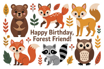 Woodland birthday greeting set, fox bear raccoon owl deer vector, forest party illustration, cute invitation clipart, children celebration design