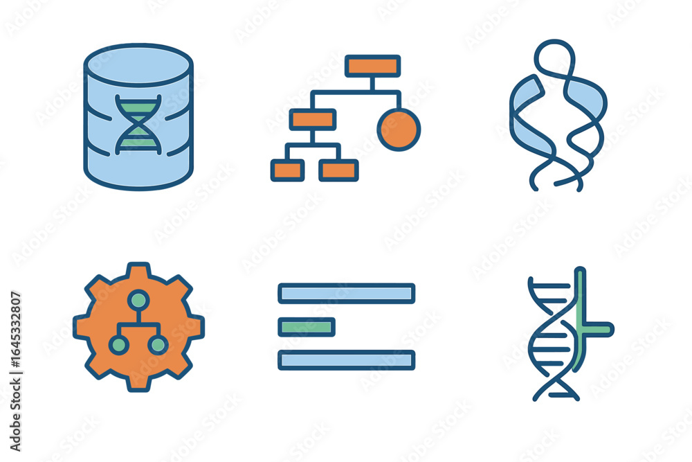 Poster icons representing genetic research and bioinformatics, showcasing various concepts related to dna, 