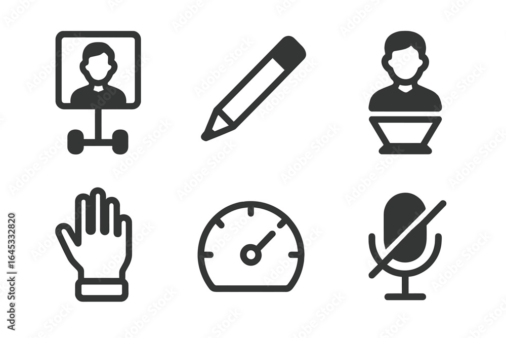 Poster icons representing various tools and elements of digital communication and collaboration in a modern