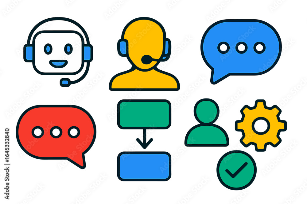 Poster visual symbols representing customer service communication and support interactions with accessible 