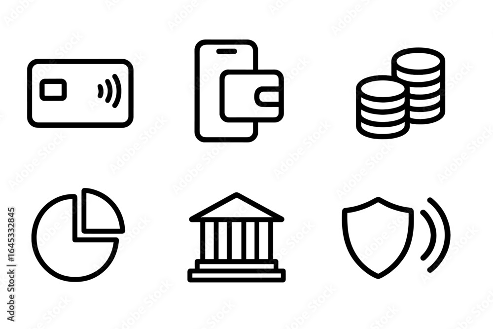 Poster digital payment icons illustrating modern financial transactions and security features in a minimali