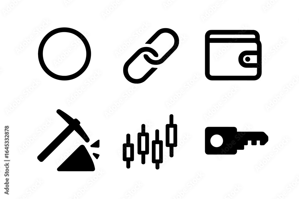 Poster collection of black icons representing various concepts related to technology and finance in a minim