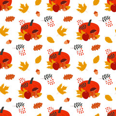 Autumn seamless pattern with pumpkin and mushroom among maple and oak leaves on transparent background. Print for harvest festival or farmers market invitation.