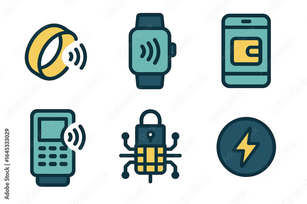 Poster technology icons representing modern devices and wearable tech in a digital context
