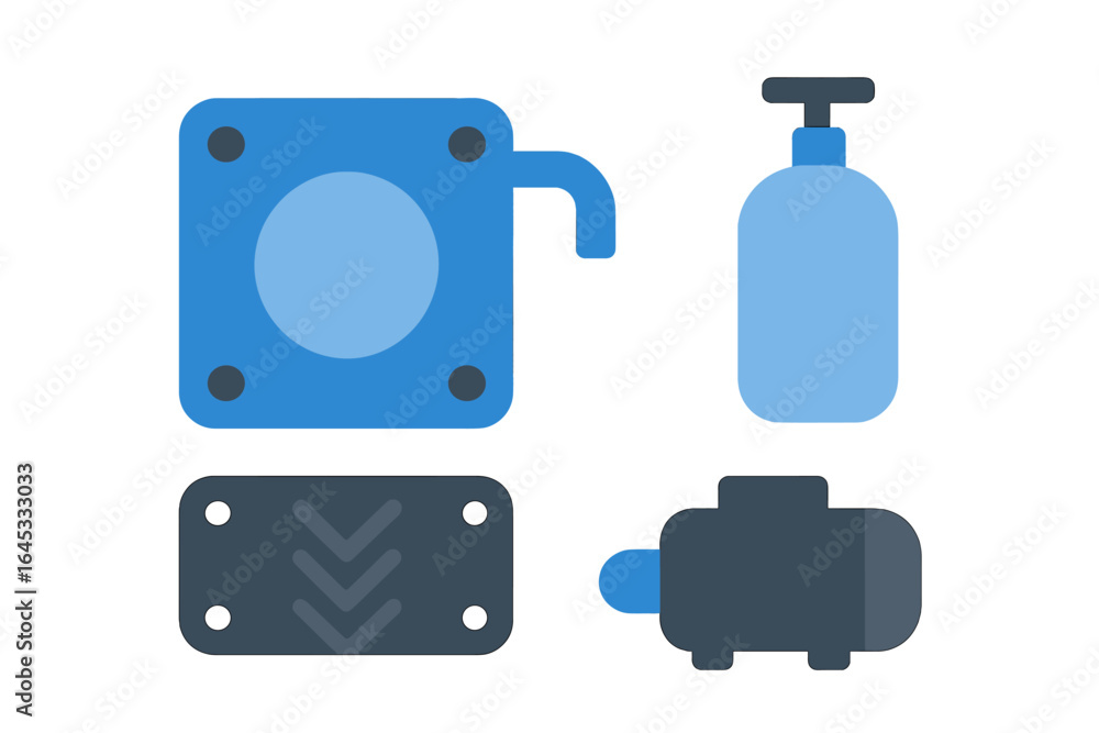 Poster components of mechanical systems displayed in a flat design, suitable for technical illustrations or