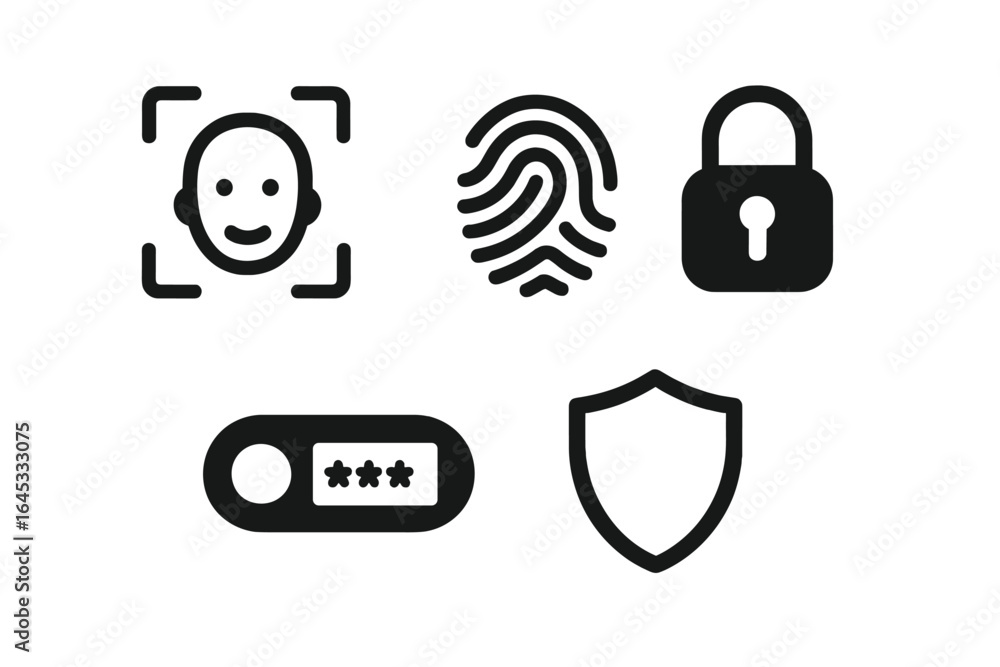 Poster security icons representing biometric authentication methods and digital protection standards for sa