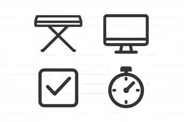 Icons representing workspace essentials and time management tools for productivity and organization