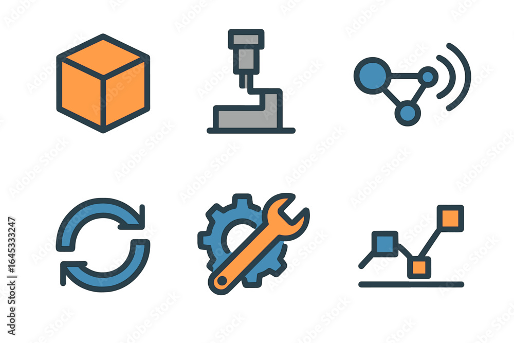 Poster visual representation of various industrial and technological symbols showcasing engineering concept