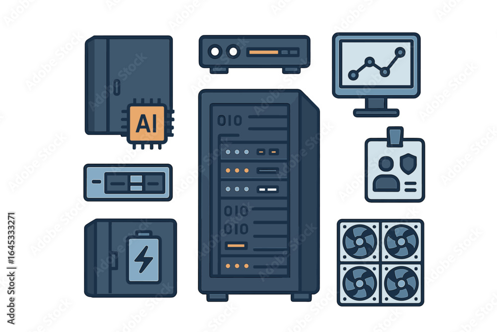 Poster collection of computer hardware components including server, monitor, and ai chip in a tech workspac