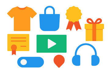 Colorful icons representing various activities and items including shopping, achievements, and digital media