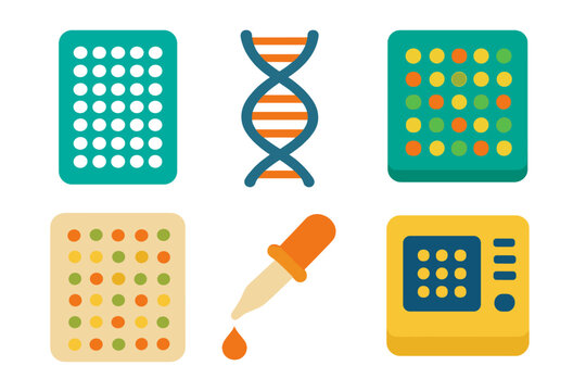 Detailed illustration of biotechnology tools including DNA helix, microarray plates, and pipette used for genetic analysis and research