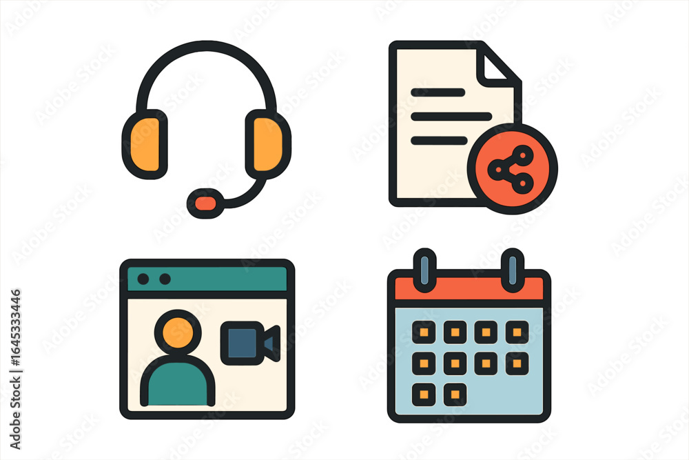 Poster icons representing online communication tools and scheduling options in a modern digital workspace s