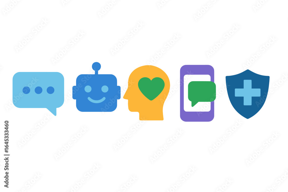 Poster exploring digital communication concepts through colorful icons and symbols representing technology 