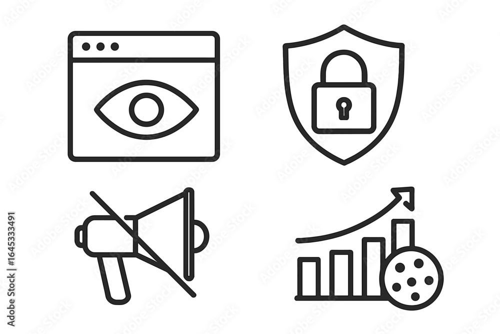 Poster illustrations of digital privacy concepts featuring monitoring, security, sound control, and data an