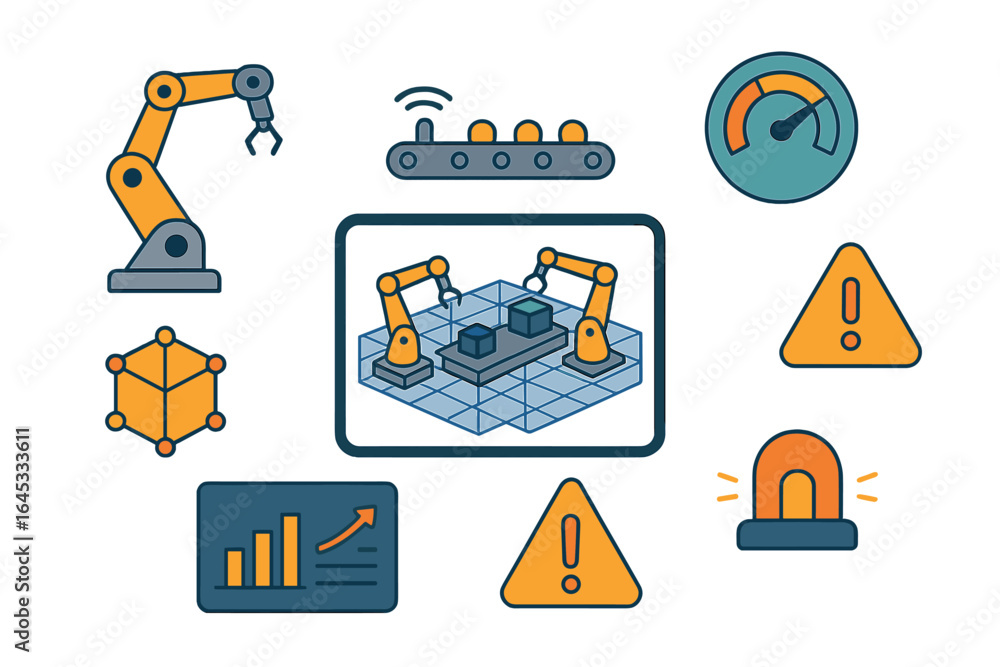 Aufkleber industrial automation process showcases robotic arms and control graphics in a modern workspace
