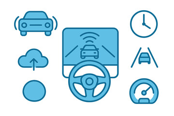 Technology and smart features in modern cars depicted through graphical icons and symbols