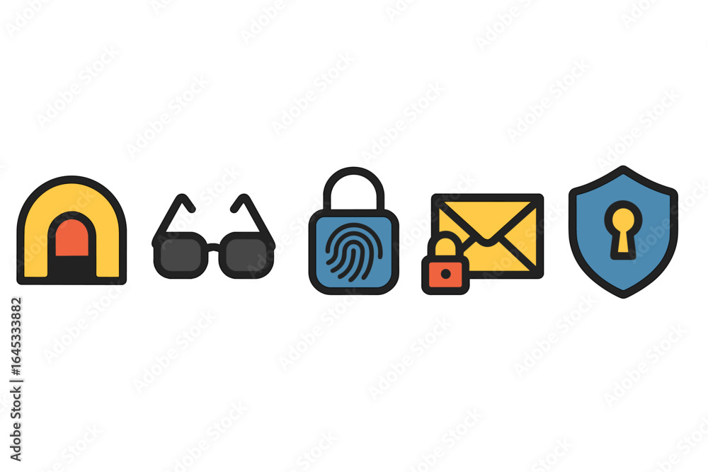 Poster security and privacy symbols represent protection, access, and authentication methods commonly used 